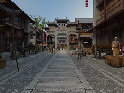 Ancient Architecture Historic Street Scene With Stone Pavement Archway Pedestrians And Horse-Drawn Carts 3d model