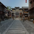 Ancient Architecture Historic Street Scene With Stone Pavement Archway Pedestrians And Horse-Drawn Carts
