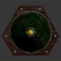 Green Conical Weapon With Red Base Metal Stand And Yellow Top Component