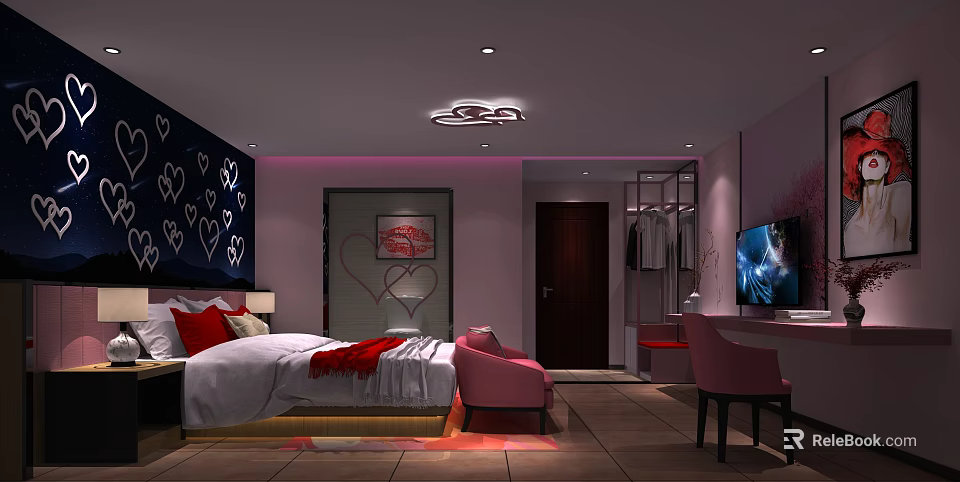 Elegant Hotel Guest Room With Heart Shaped Decor Bed Pink Ambient Lighting And Pink Armchair 3d model 