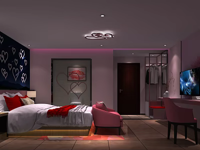 Elegant Hotel Guest Room With Heart Shaped Decor Bed Pink Ambient Lighting And Pink Armchair 3d model