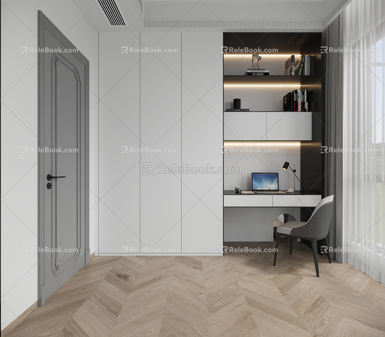 Modern study wardrobe plus desk combination 3d model