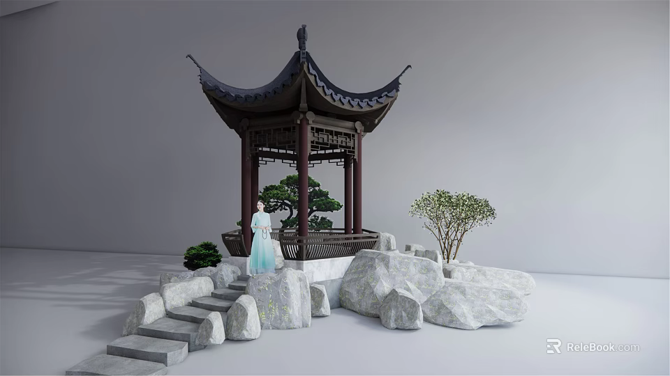 Traditional Chinese Pavilion With Stone Steps Small Trees And Hanfu Figure 3d model 