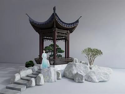 Traditional Chinese Pavilion With Stone Steps Small Trees And Hanfu Figure 3d model