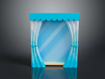 Elegant Blue Striped Curtain Interior With Scalloped Top And Wooden Base 3d model