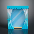 Elegant Blue Striped Curtain Interior With Scalloped Top And Wooden Base