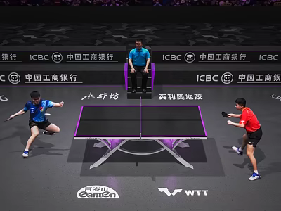 Two Athletes Competing in Intense Table Tennis Match at WTT Event with ICBC Sponsorship 3d model
