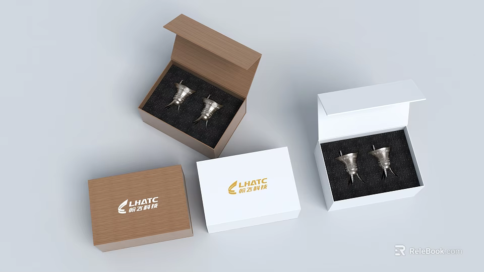 Lighting Product Packaging Boxes With Silver Accessories And Brand Logos 3d model 