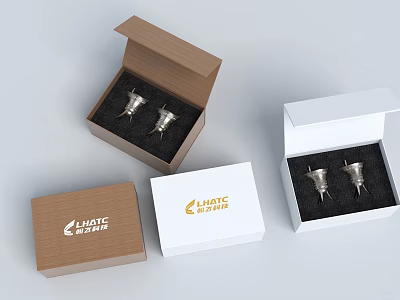 Lighting Product Packaging Boxes With Silver Accessories And Brand Logos 3d model
