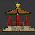 Cartoon Chinese Pavilion Scene With Orange Roof Golden Top And Red Pillars On Stone Steps