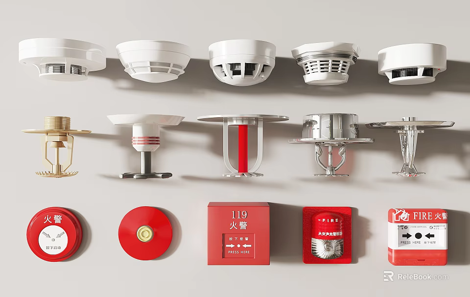 Commercial Fire Safety Equipment Including Smoke Detectors Fire Hydrants And Alarm Buttons 3d model 