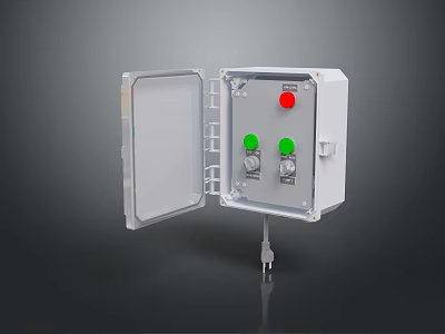 Open White Computer Control Enclosure With Red Button Green Buttons And Internal Components 3d model