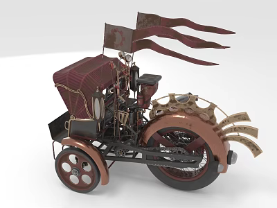 Vintage Steampunk Vehicle Model With Mechanical Parts Copper Wheels And Decorative Flags 3d model
