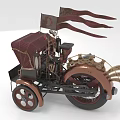 Vintage Steampunk Vehicle Model With Mechanical Parts Copper Wheels And Decorative Flags