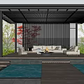 Tranquil Courtyard Garden Featuring Covered Pavilion Wooden Walkway Water Pond and Lush Greenery Seating