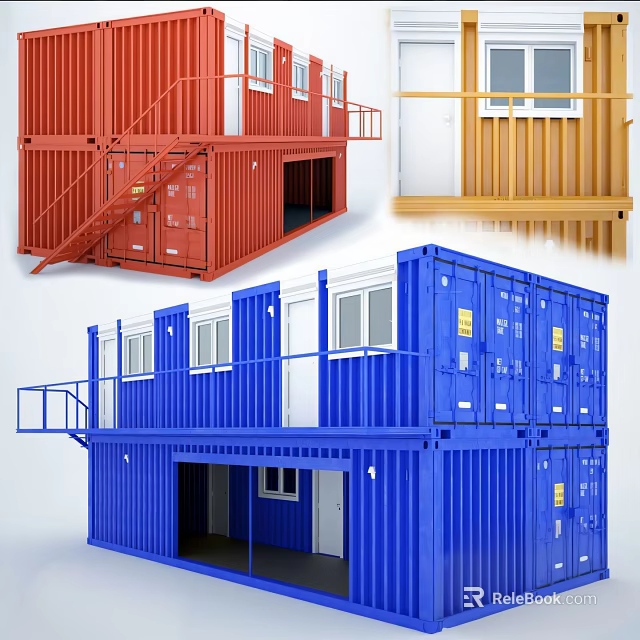 Industrial Shipping Container Buildings With Red Blue Yellow Structures And Balconies Stairs Windows 3d model 