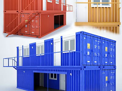 Industrial Shipping Container Buildings With Red Blue Yellow Structures And Balconies Stairs Windows 3d model