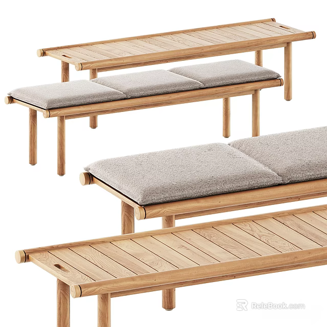 Wooden Leisure Chairs With Gray Cushions Slatted Bench Design For Modern Living Spaces 3d model 