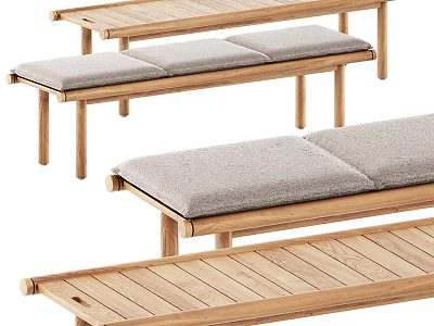 Wooden Leisure Chairs With Gray Cushions Slatted Bench Design For Modern Living Spaces 3d model
