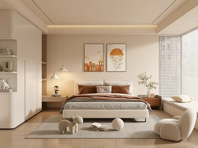 Modern Minimalist Bedroom Interior With Decorative Paintings Rug Armchair And Window Blinds 3d model