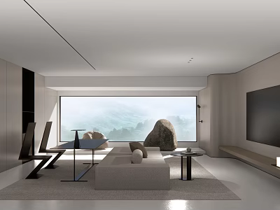 Modern Living Dining Room Interior With Large Window Mountain View Sofa And Dining Table 3d model
