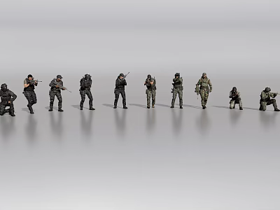 Men In Different Tactical Gear Standing And Crouching On Gray Background 3d model