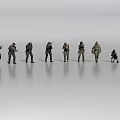 Men In Different Tactical Gear Standing And Crouching On Gray Background 3d model