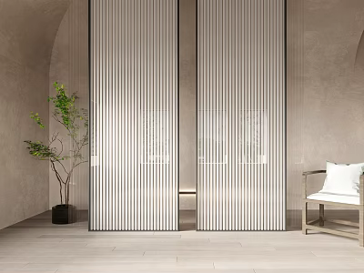 Modern Striped Partition in Minimalist Interior Space with Green Plant and Accent Chair 3d model