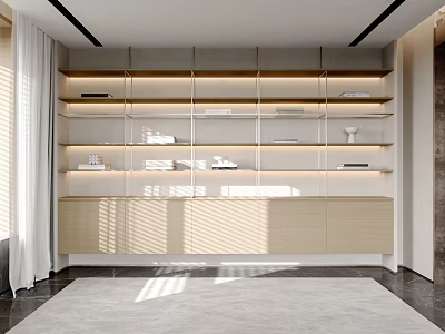 Modern Open Bookcase Interior Design With Wooden Shelves And LED Lighting 3d model