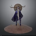 Decorative Character Figurine With Antler Headdress Long Hair Dark Cloak And Circular Base