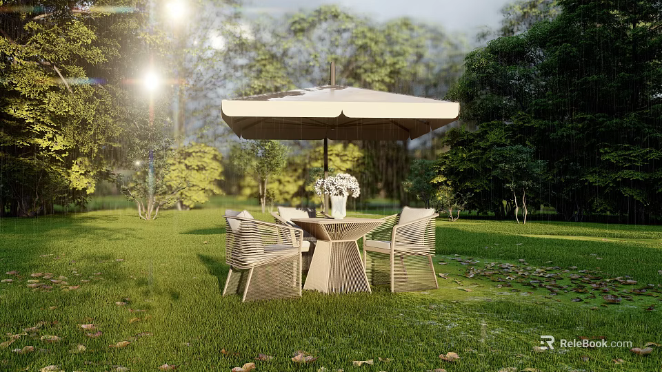 Outdoor Table and Chair Set with Umbrella and Flowers in Green Grass Garden 3d model 