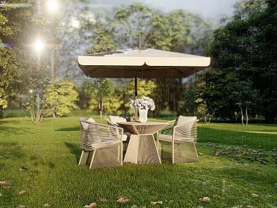 Outdoor Table and Chair Set with Umbrella and Flowers in Green Grass Garden 3d model