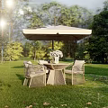 Outdoor Table and Chair Set with Umbrella and Flowers in Green Grass Garden