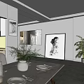 Modern Restaurant Dining Area With White Dining Table Chairs Hanging Chandelier Artwork And Green Plant