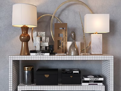 Geometric Sculptures Display On Modern Shelf With Marble Lamps And Metal Decor 3d model
