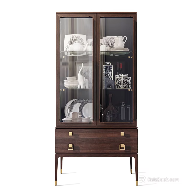 Wooden Sideboard with Glass Doors Displaying Dinnerware and Decorative Items and Drawers with Gold Handles 3d model 