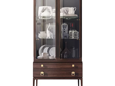 Wooden Sideboard with Glass Doors Displaying Dinnerware and Decorative Items and Drawers with Gold Handles 3d model