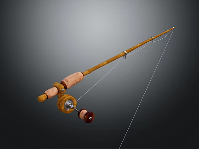 Wooden Fishing Rod With Reel And Silver Fish On Dark Grey Surface 3d model