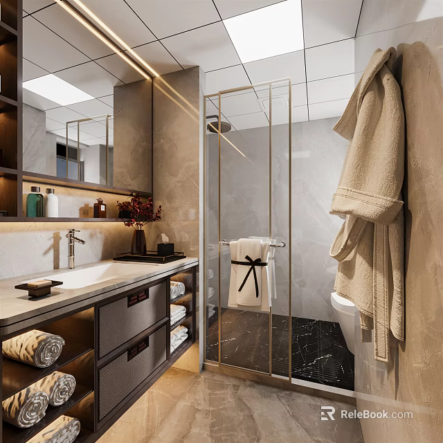 Modern Bathroom Interior With Glass Shower Enclosure Marble Countertop And Storage Cabinets 3d model 
