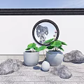 Serene Courtyard Garden With Circular Window Lotus Leaf Plants Stones And Stone Paved Floor
