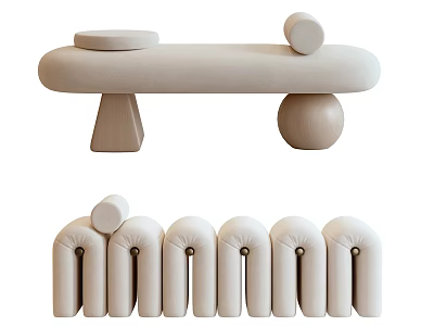 Modern Upholstered Sofa Bench With Wooden Base Circular Details And Arched Units 3d model
