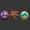 Professional Sports Equipment Display With Soccer Basketball Volleyball Balls On Black Stands
