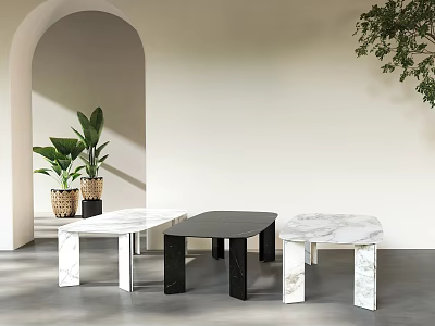 Modern Marble Coffee Tables In Black And White With Green Plants In Minimalist Room 3d model