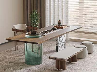 Modern Wooden Tea Table Set with Bench Stools Tea Set Plant and Window Curtain Background 3d model