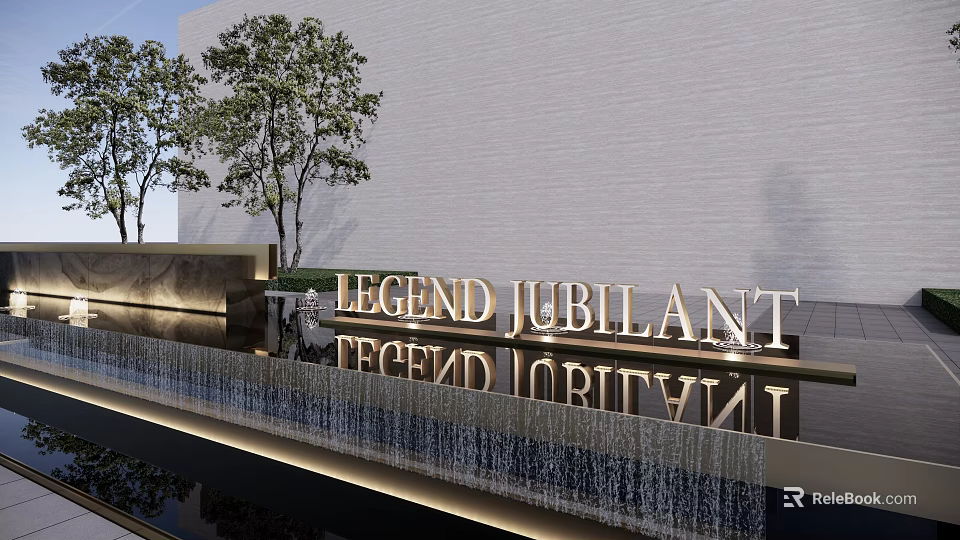 Modern Facade Entrance With LEGEND JUBILANT Golden Signage Gray Wall Trees And Waterfall 3d model 