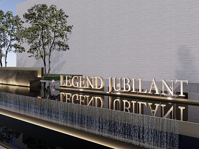 Modern Facade Entrance With LEGEND JUBILANT Golden Signage Gray Wall Trees And Waterfall 3d model