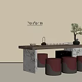 Poliform Marble Tea Table With Red Stools Small Potted Plant And Tea Set 3d model