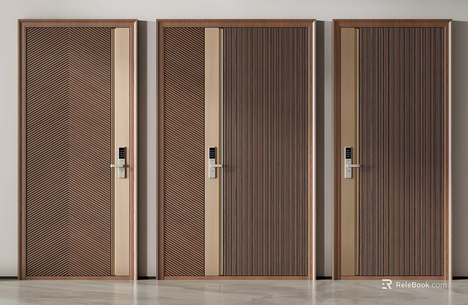 Three Modern Brown Hinged Doors Featuring Striped Grid Patterns And Metal Frames 3d model 
