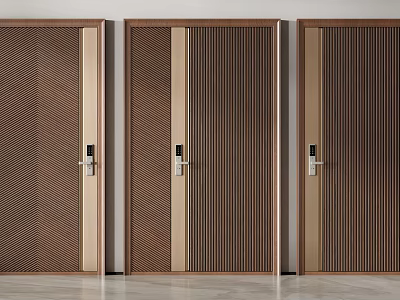Three Modern Brown Hinged Doors Featuring Striped Grid Patterns And Metal Frames 3d model