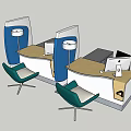 Modern Office Desk With Blue Partitions Green Chairs And Computer Monitor